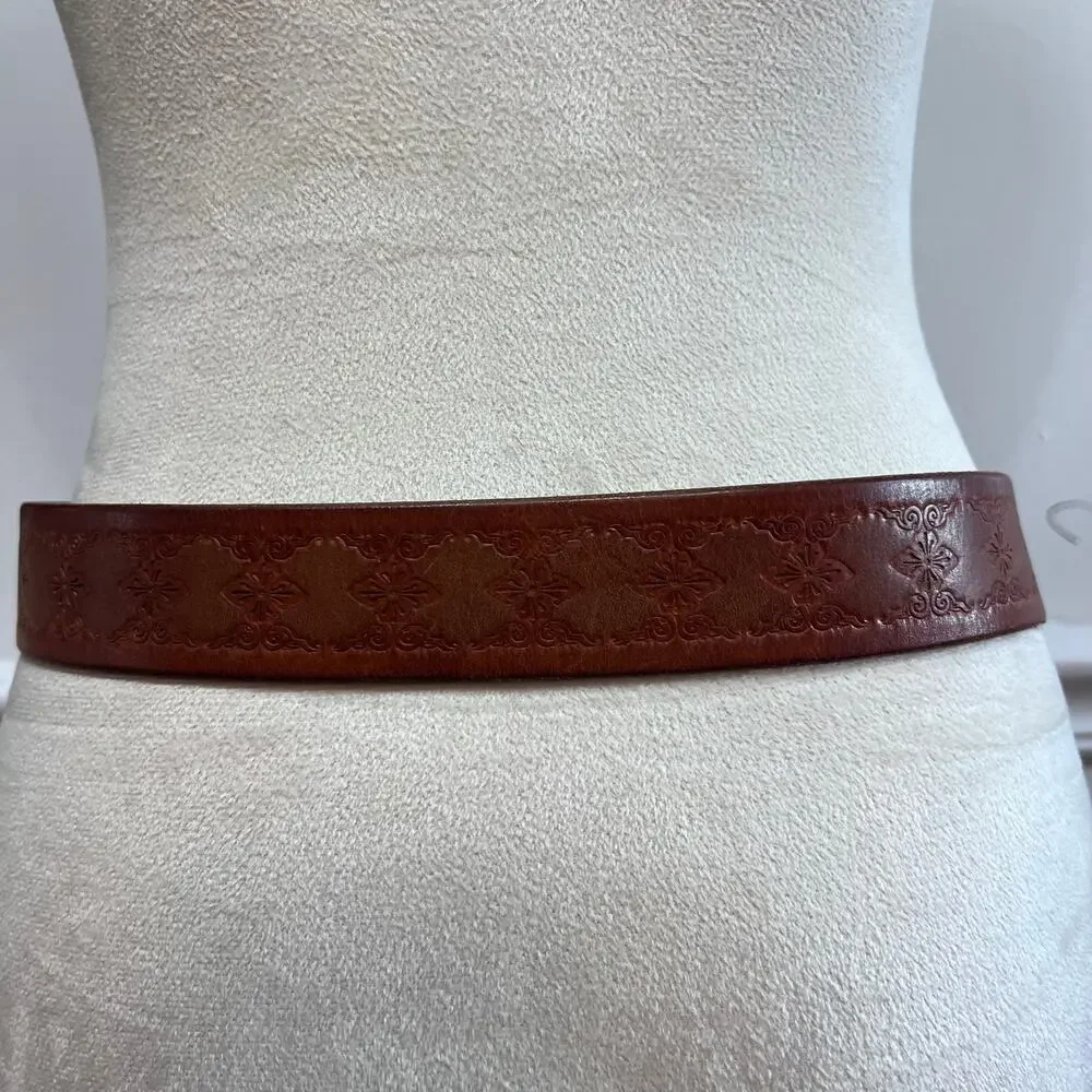 Fossil Genuine Leather Tooled Brown Belt Floral Western Boho Size S